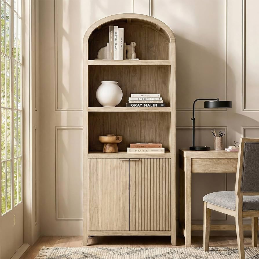 HULALA HOME Arched Bookcase with Cabinet, 76\u201d Tall Wood Bookshelf with Doors, Modern Fluted ... | Amazon (US)