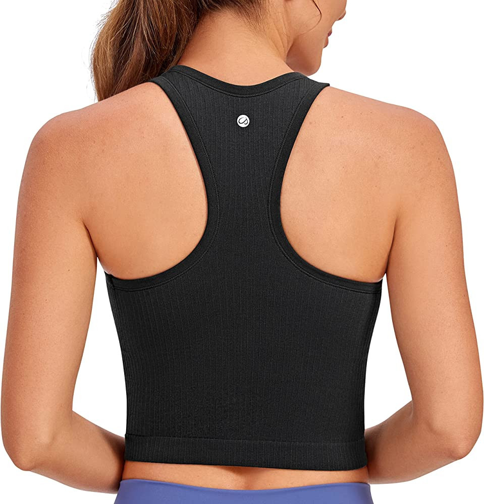 CRZ YOGA Womens Seamless Ribbed Longline High Neck Sports Bra - Racerback Padded Slim Fit Crop Ta... | Amazon (US)