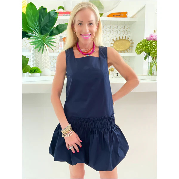 Navy Ruched Drop Waist Amelia Poplin Shift Dress | James Ascher