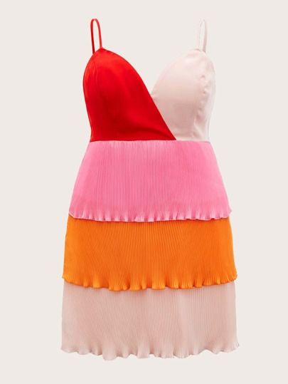 SHEIN Color Block Lettuce Trim Layered Hem Cami Dress | SHEIN