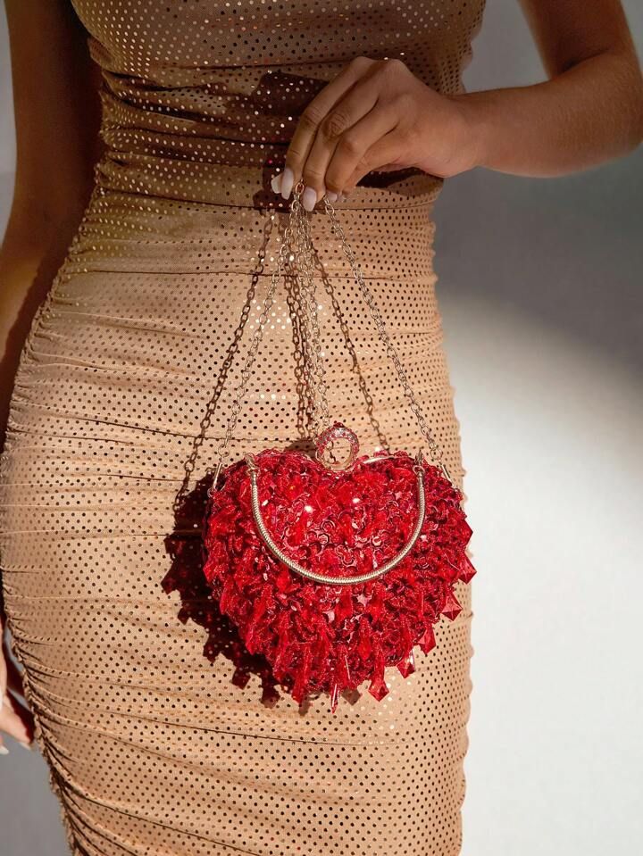 SHEIN SXY Red Heart Shape Beaded Embroidery Evening Bag | SHEIN