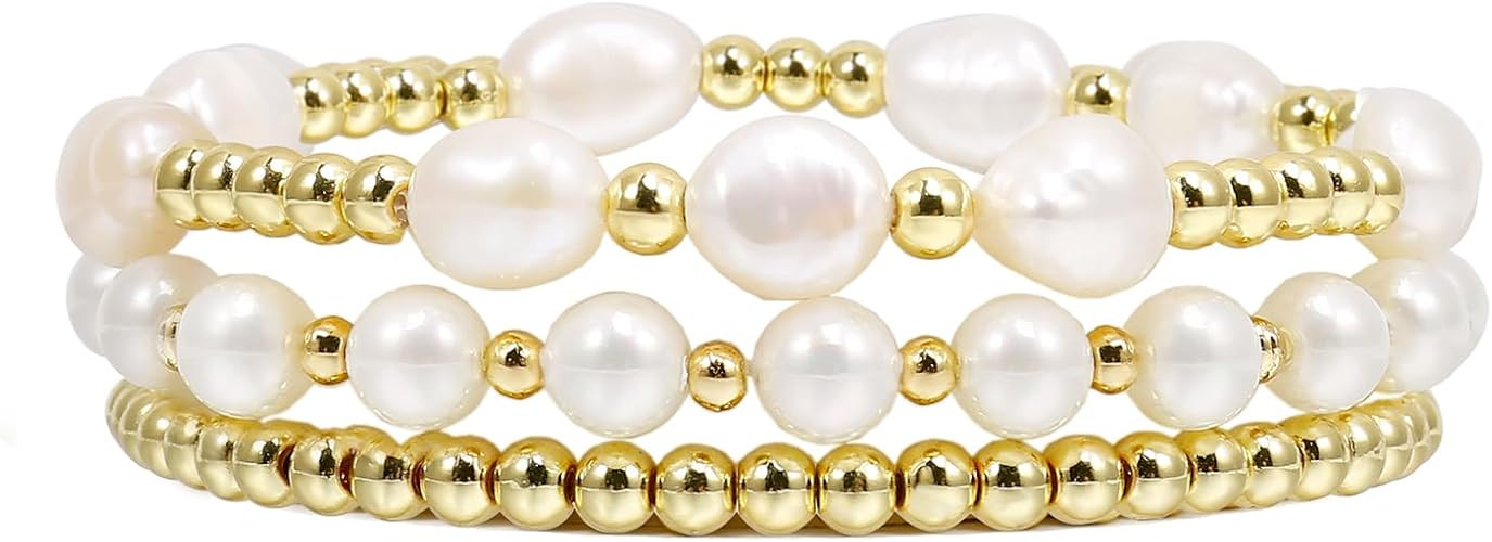 Gold Beaded Bracelets for Women Baroque Pearl Stackable14K Gold Plated Stretch Bead Ball Bracelet... | Amazon (US)