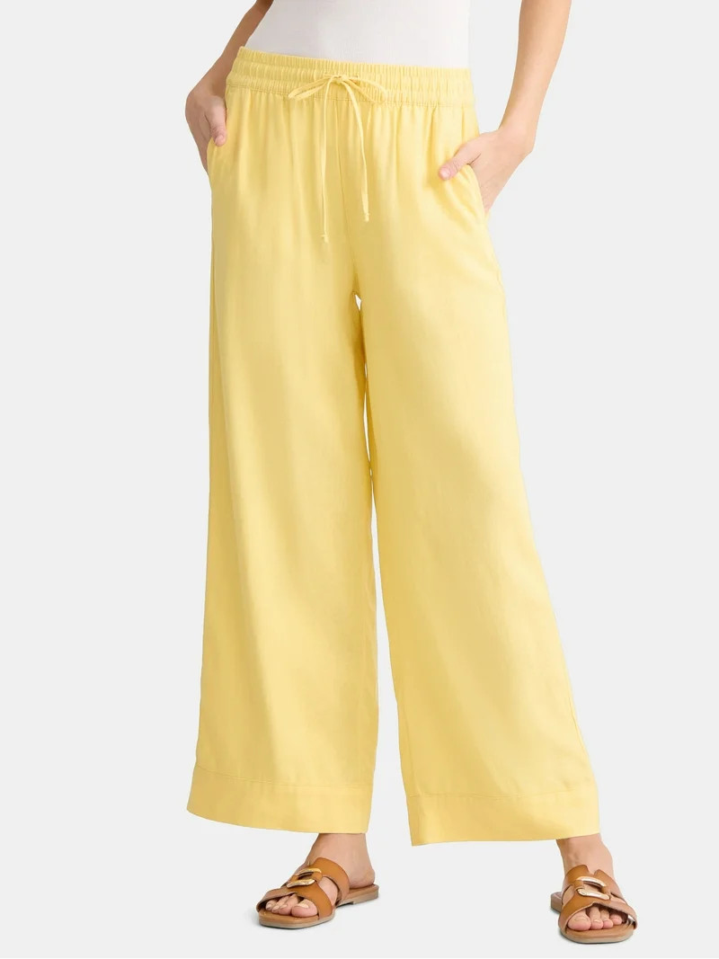 Time and Tru Women's and Women's Plus Wide Leg Linen Blend Pants, 29" Inseam, Sizes XS-4X | Walmart (US)