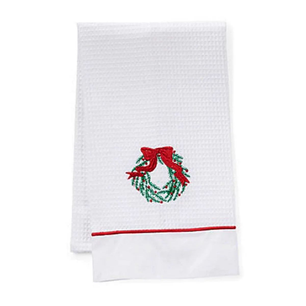 Waffle Weave Embroidered Christmas Wreath Guest Towel With Satin Trim | The Well Appointed House, LLC