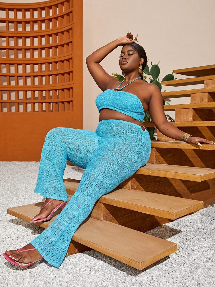 SHEIN SXY Plus O-ring Crop Halter Top & Flare Leg Pants | SHEIN