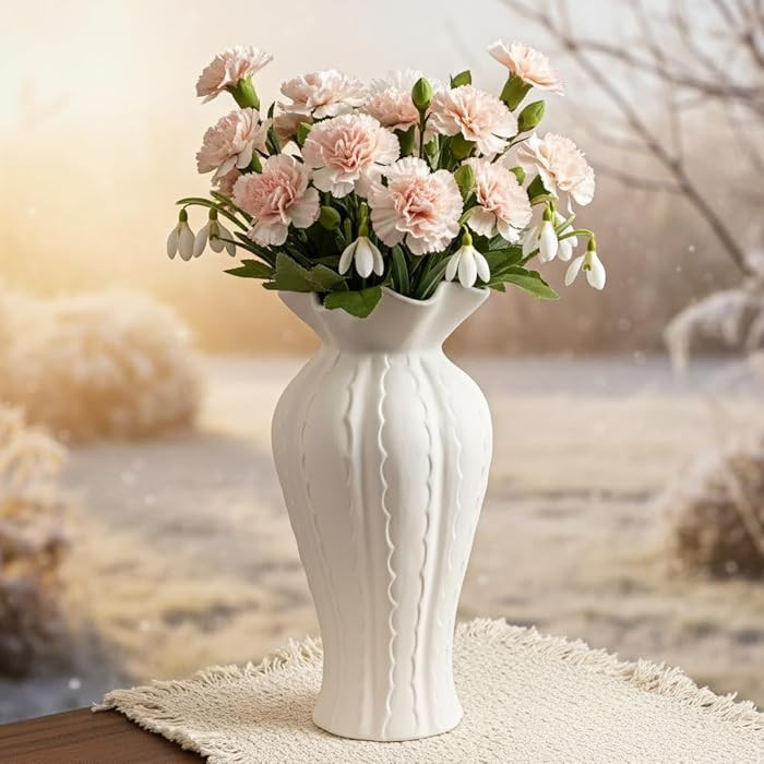 Sculptural Lily Vase - White Matte Ceramic with Ruffled Rim & Wave Texture, 10.2" Unique Flower V... | Amazon (US)