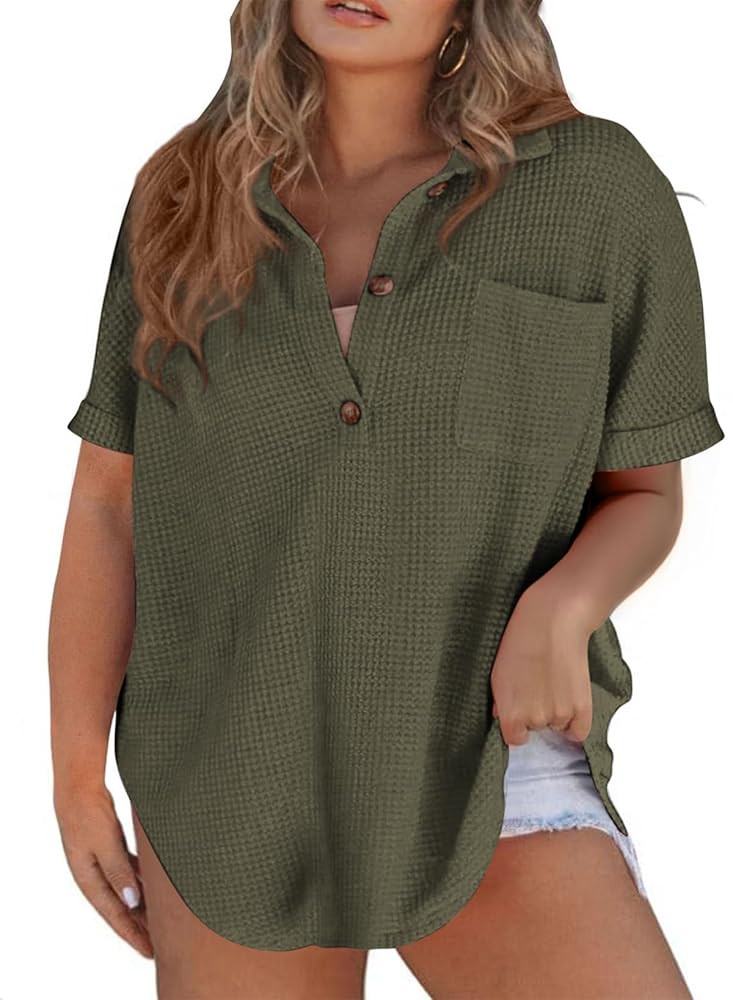 Eytino Women Plus Size Waffle Knit Tops Henley Shirts Short Sleeve V Neck Solid Color Casual Blou... | Amazon (US)