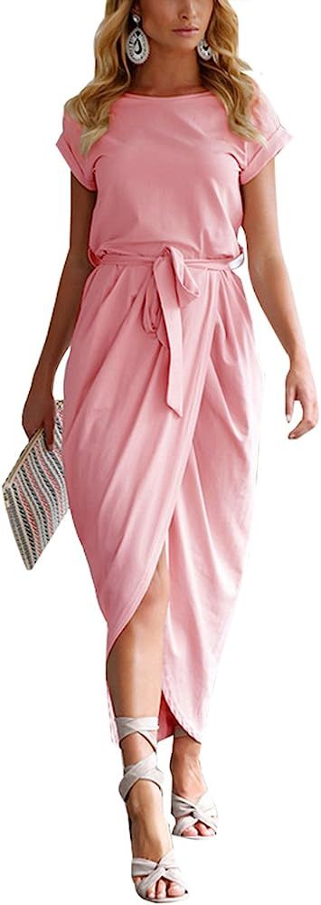Women Summer Casual High Waist Midi Dress Solid Color Wrap Faux Dress with Belt | Amazon (US)