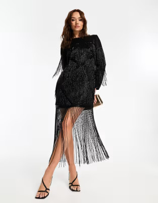 ASOS DESIGN embellished fringe beaded mini dress with beaded hem in black | ASOS (Global)