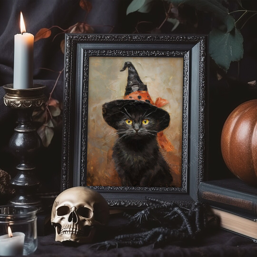 Rustic Halloween Wall Art Black Cat Witchy Decor Halloween Cat Painting Printable Vintage Hallowe... | Etsy (US)