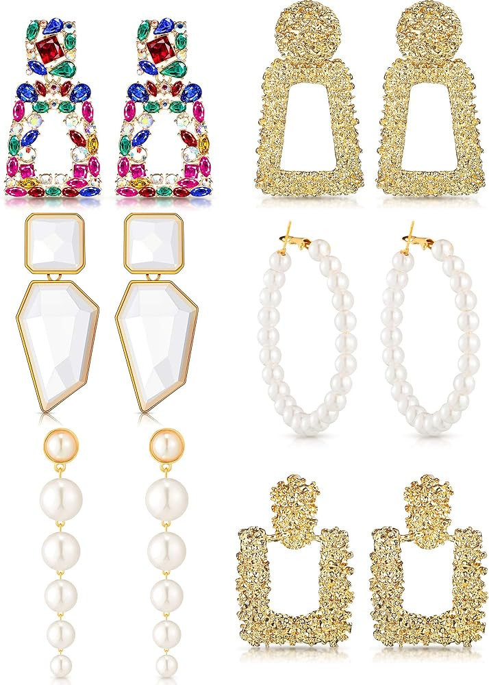 6 Pairs Rhinestone Rectangle Dangle Earrings Statement Geometric Drop Earrings Crystal Earrings Dang | Amazon (US)