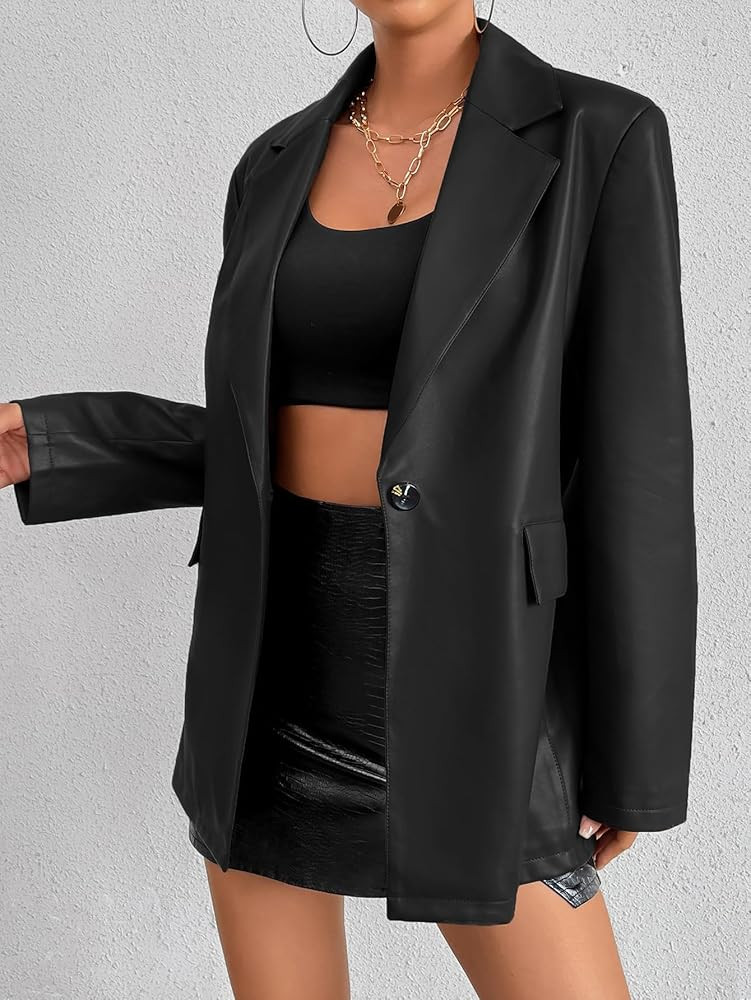 Womens Faux Leather Blazer Jacket Moto Biker Coat Long Sleeves Button Fashion Coats | Amazon (US)