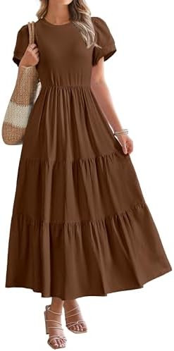 BTFBM Women Casual Summer Dresses 2025 Spring Crewneck Short Sleeve Tiered Flowy Boho Maxi Beach ... | Amazon (US)