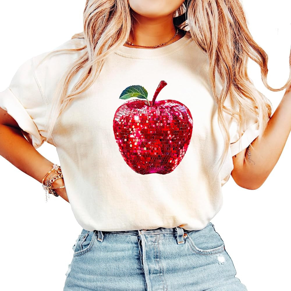 Red Disco Apple Shirt for Women & Teens Faux Glitter Apple Tee for Teachers and Students | Amazon (US)