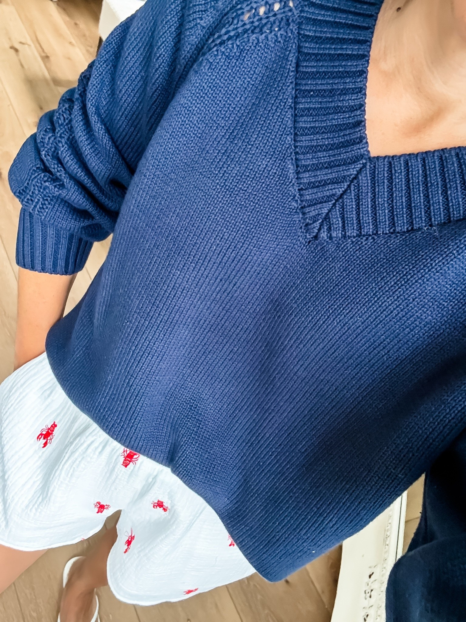 Small navy blue sweater. V-neck sweater. Small lobster shorts.

#LTKOver40