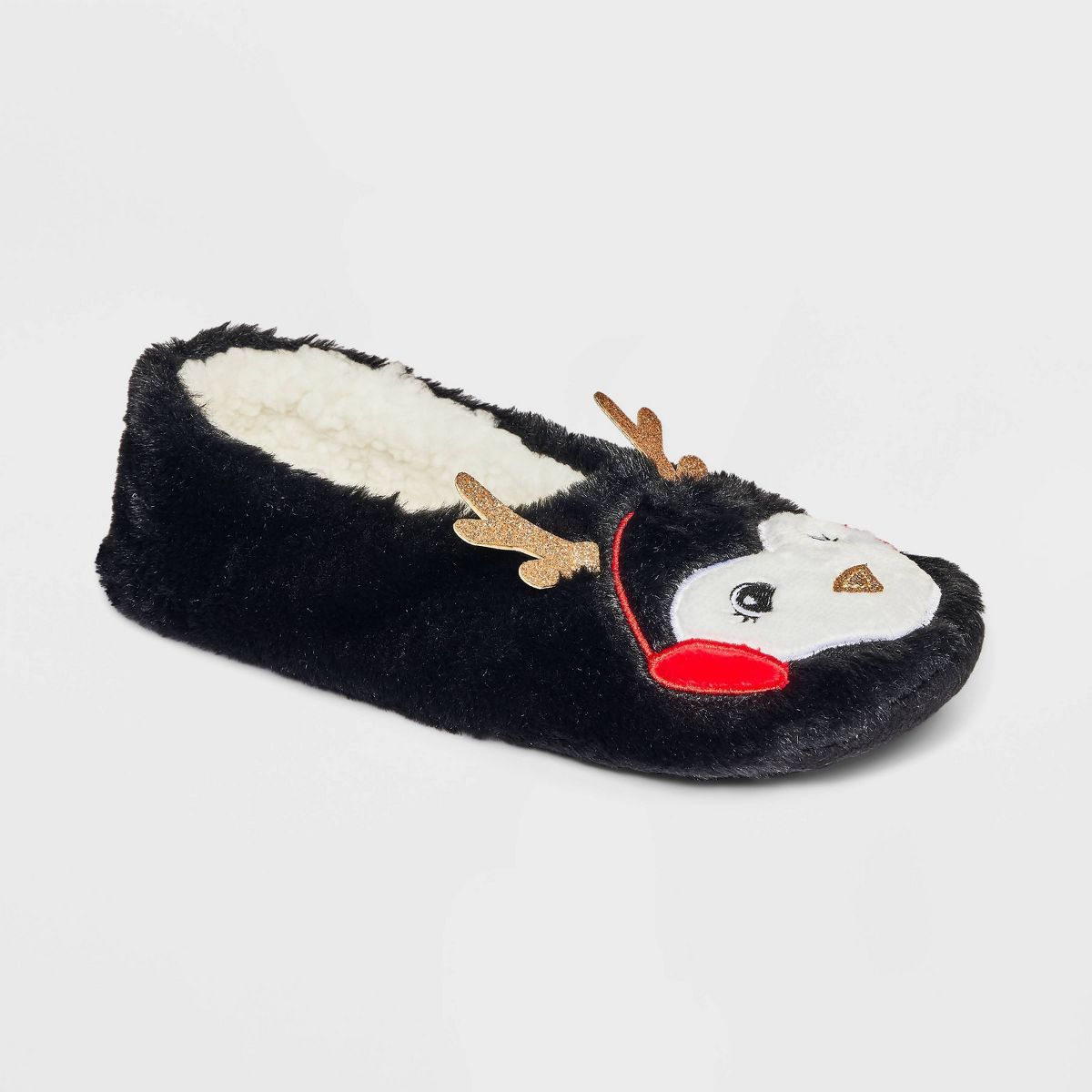 Women's Penguin Faux Fur Pull-On Slipper Socks with Grippers - Wondershop™ Black/White | Target