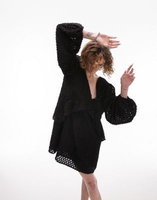 Topshop textured frill peplum long sleeve mini dress in black | ASOS (Global)