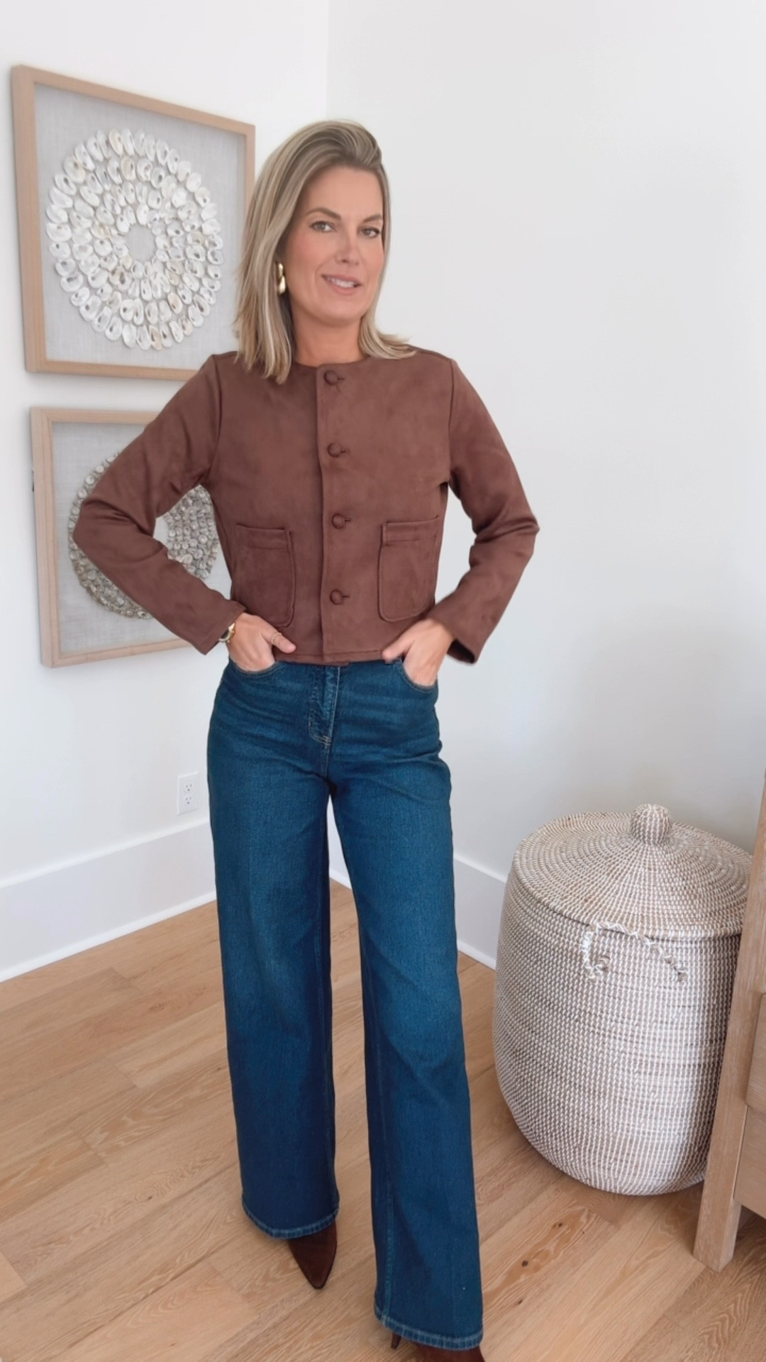 Business casual.  Target faux suede jacket is size small. I am in small tall in the wide leg jeans. Use code RACHELXSPANX if you’re a new customer for a discount.  

#LTKFindsUnder50 #LTKWorkwear #LTKSaleAlert