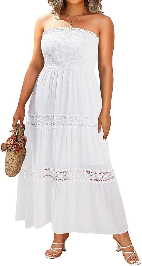 Plus Size Summer Dress- Beach Tube Casual Boho Strapless Flowy Long Sun Maxi Dresses | Amazon (US)