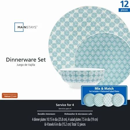 Mainstays Stoneware Aqua Ocean Print Dinnerware Set, 12 Piece | Walmart (US)