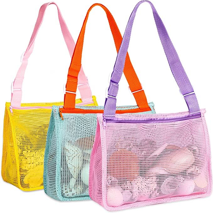 DAIKOYE Beach Toy Mesh Beach Bags - Kids Shell Collecting Bags Sand Toy Totes with Adjustable Car... | Amazon (US)
