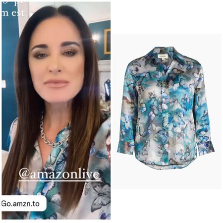 Kyle Richards’ Blue and White Butterfly Printed Blouse 📸 = @kylerichards18