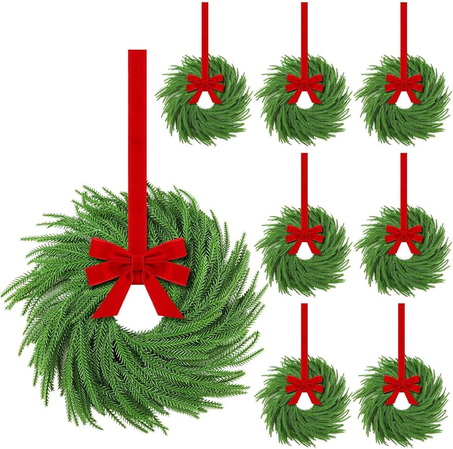 Hotop 8 Set Mini Christmas Wreath for Cabinet Kitchen Windows Decors Bulk with Red Bow Small Arti... | Amazon (US)