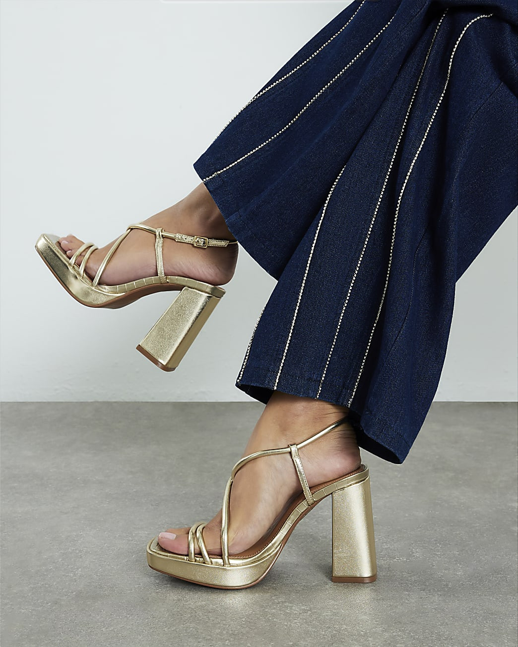 Gold Wide Fit Platform Heeled Sandals | River Island UK & IE