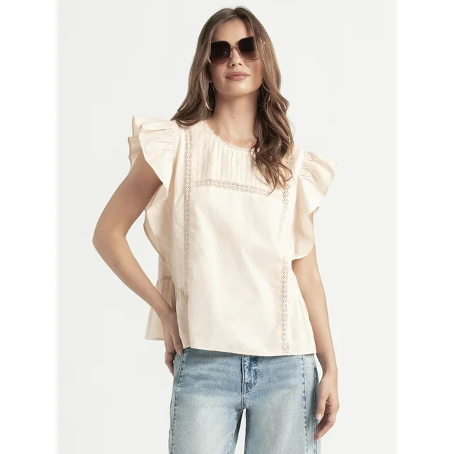 Jessica Simpson Women’s Bowie Cotton Blouse with Ruffle Sleeves, Sizes XS-XL | Walmart (US)