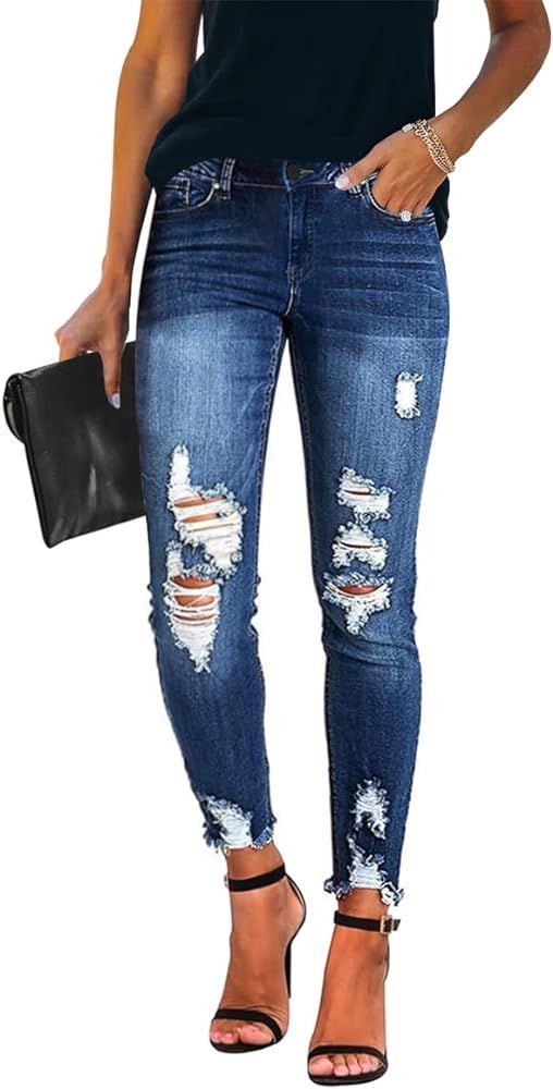 KUNMI Women's Mid Waisted Skinny Ripped Jeans Slim Fit Distressed Stretchy Denim Pants | Amazon (US)