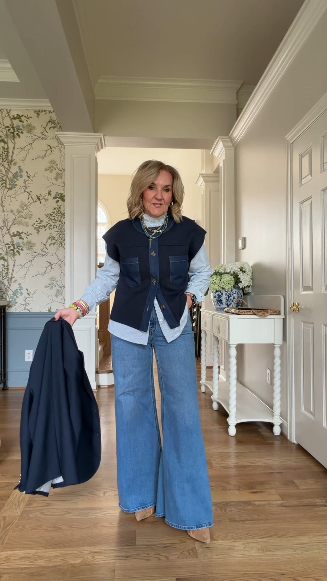 Jeans size 29
Vest size medium 
Blouse size 10 it is lovely 
Blazer size 10 petite 
Allie & Bess code NANETTE20 bracelet stack drops the 24th! 

#LTKOver40 #LTKPetite #LTKootd