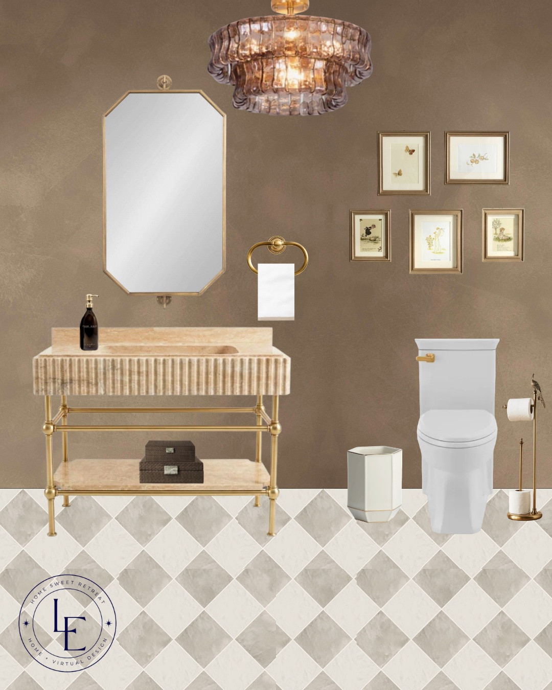 Moody, yet sophisticated bathroom inspiration. Amber glass light, checkered flooring, textured vanity.

#LTKHome