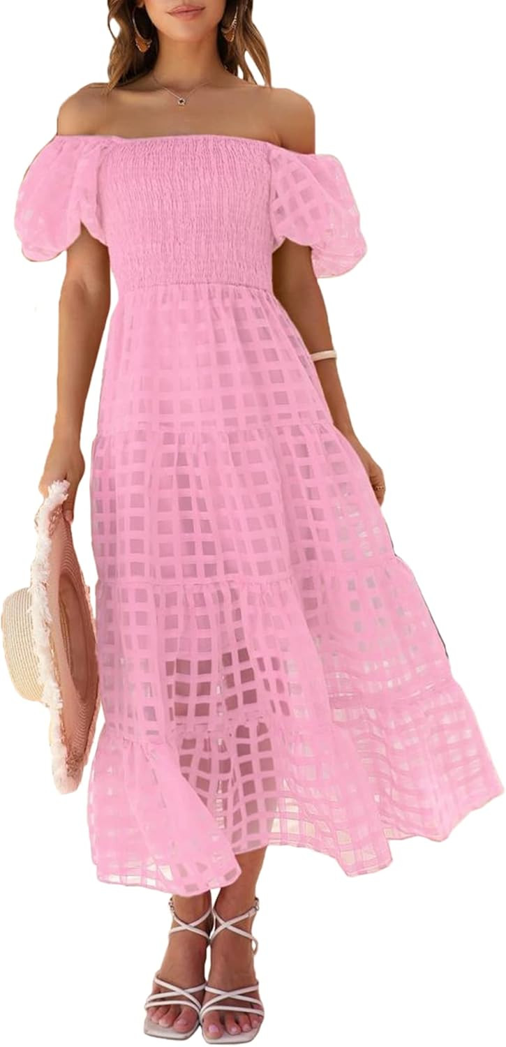 PRETTYGARDEN Women's Casual Summer Midi Dress Puffy Short Sleeve Square Neck Smocked Tiered Ruffl... | Amazon (US)