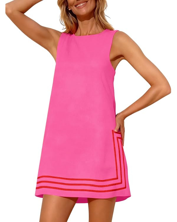 Womens Summer Boho A-Line Mini Dress Sleeveless Sundress Color Block Beach Coverups | Amazon (US)