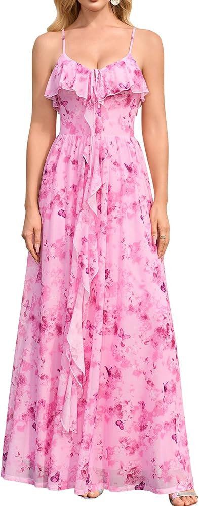 HTZMO Floral Wedding Guest Long Dress Summer V Neck Tie Ruffle Flowy Party Maxi Dresses for Women | Amazon (US)