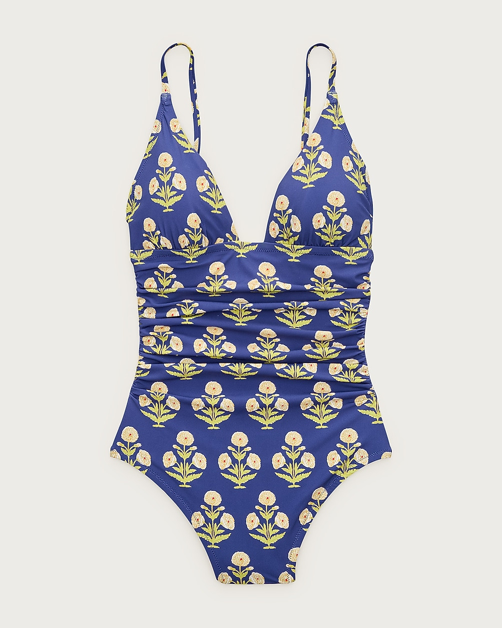 Ruched V-neck one-piece in marigold block print | J. Crew US