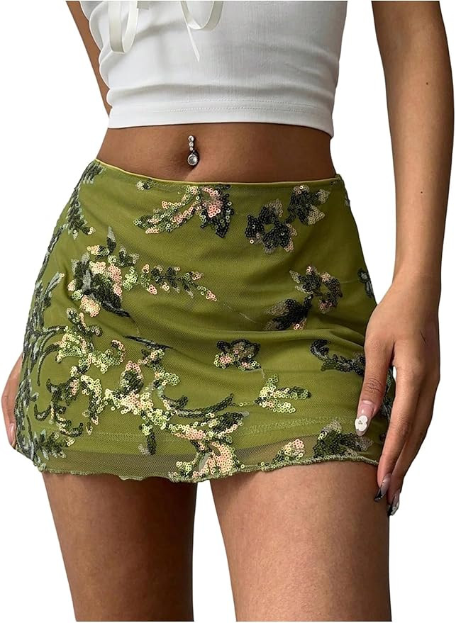 MakeMeChic Women's Sequin Skirt Summer Floral Mesh Glitter Sparkly Mini Skirt | Amazon (US)