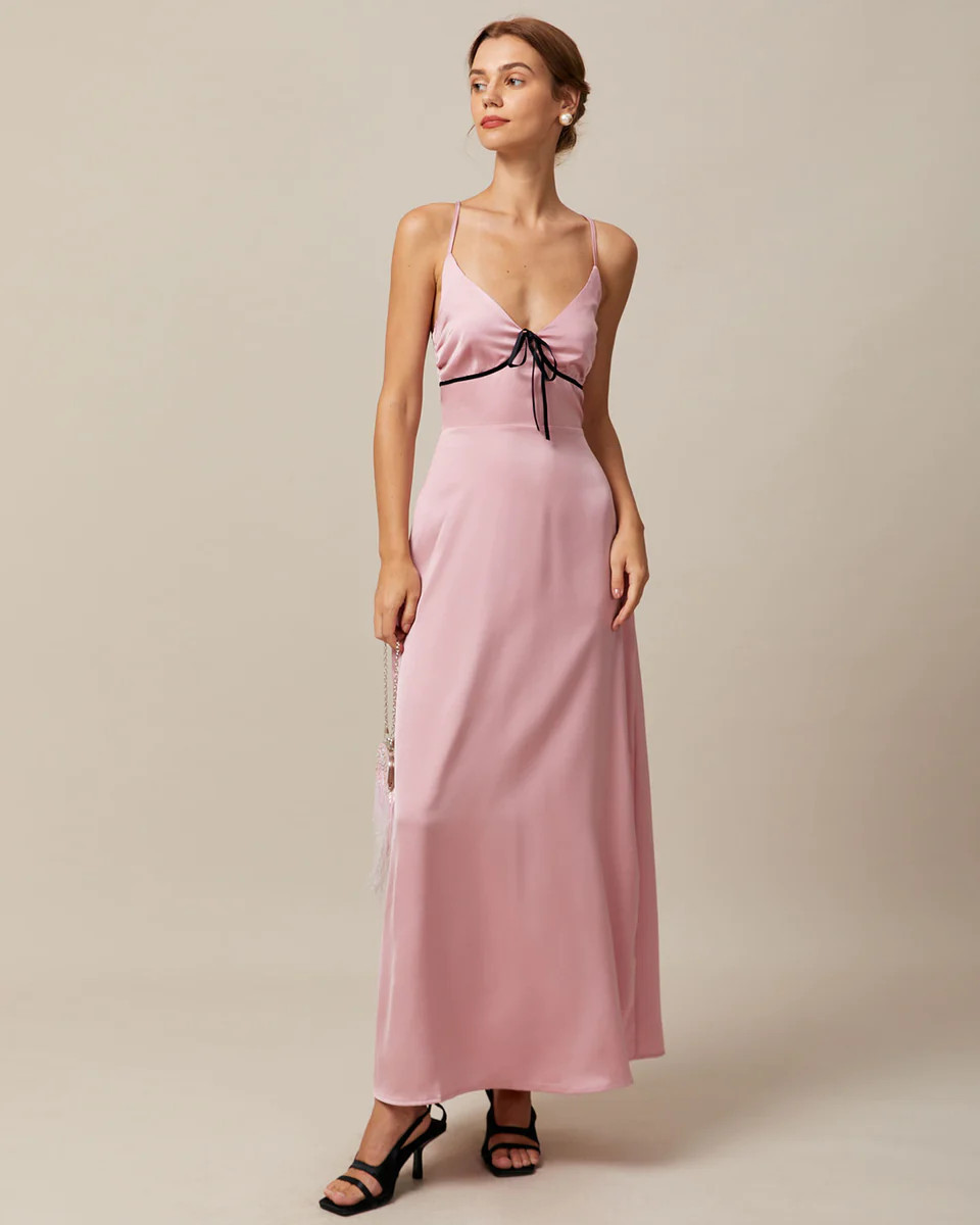 The Pink V Neck Cross Back Satin Maxi Dress | rihoas.com