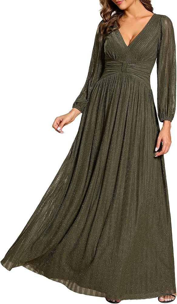 Ever-Pretty Women's A-Line Long Lantern Sleeves Formal Gowns Empire Waist Long Glitter Evening Dr... | Amazon (US)