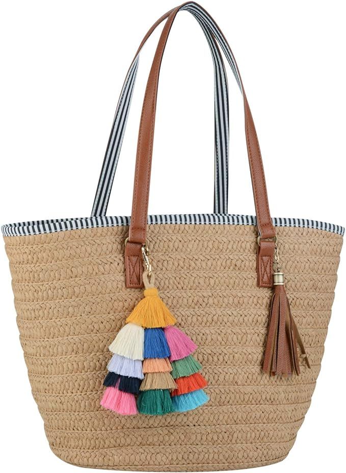 COOFIT Straw Bags Beach Bags Pompom Shoulder Bags Summer Woven Bags Tassel Bags | Amazon (US)