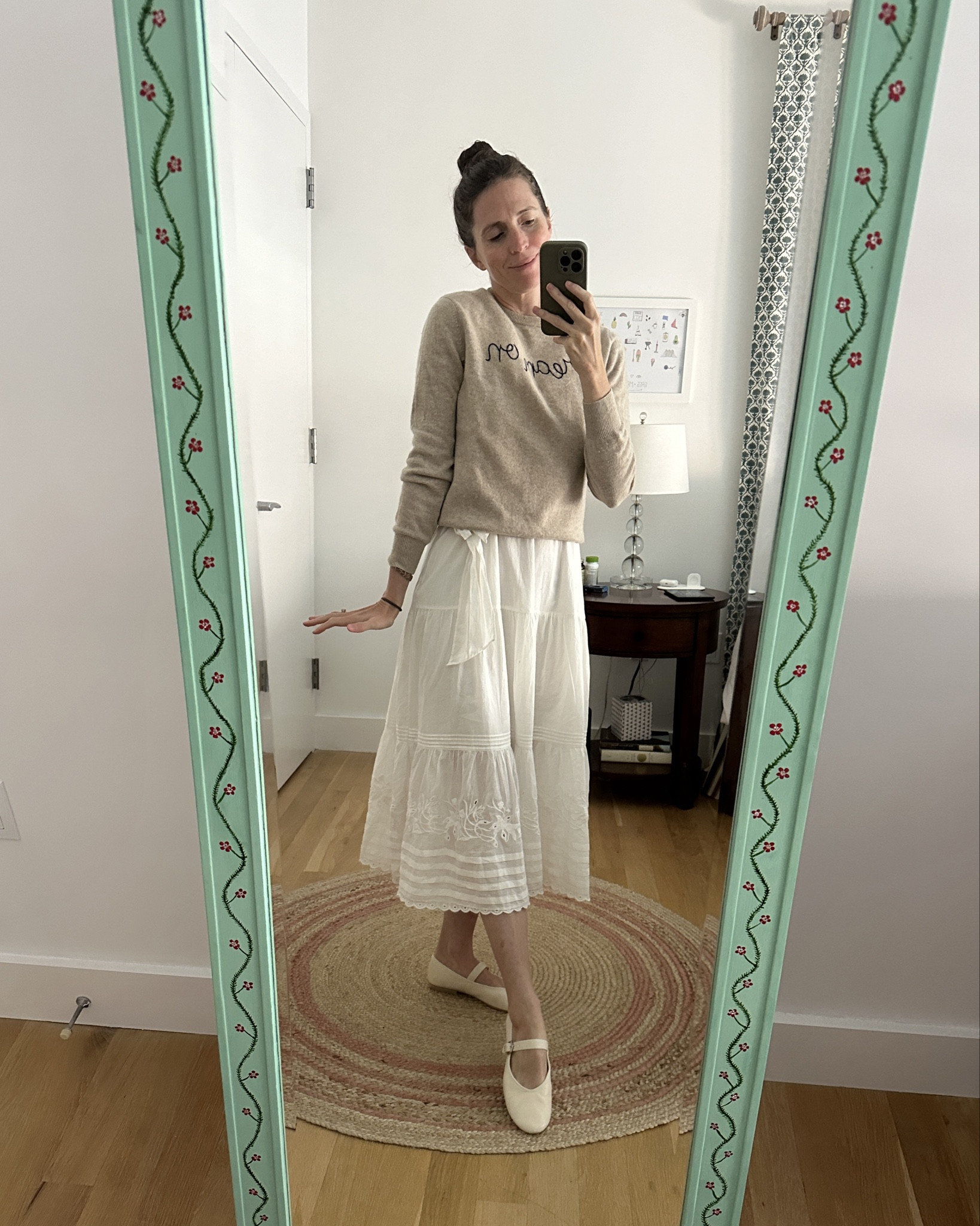 Transitional outfit = summer cotton white dress + oatmeal cashmere sweater + cream Mary Jane's

#LTKOver40 #LTKSeasonal