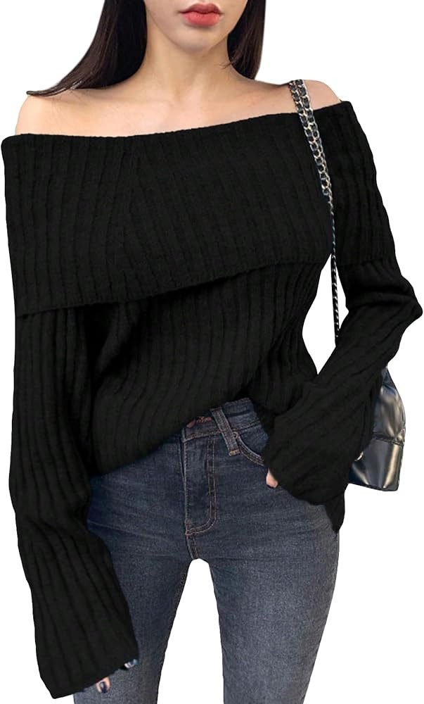 Floerns Women's Off Shoulder Ribbed Knit Solid Long Sleeve Pullover Sweater Top | Amazon (US)