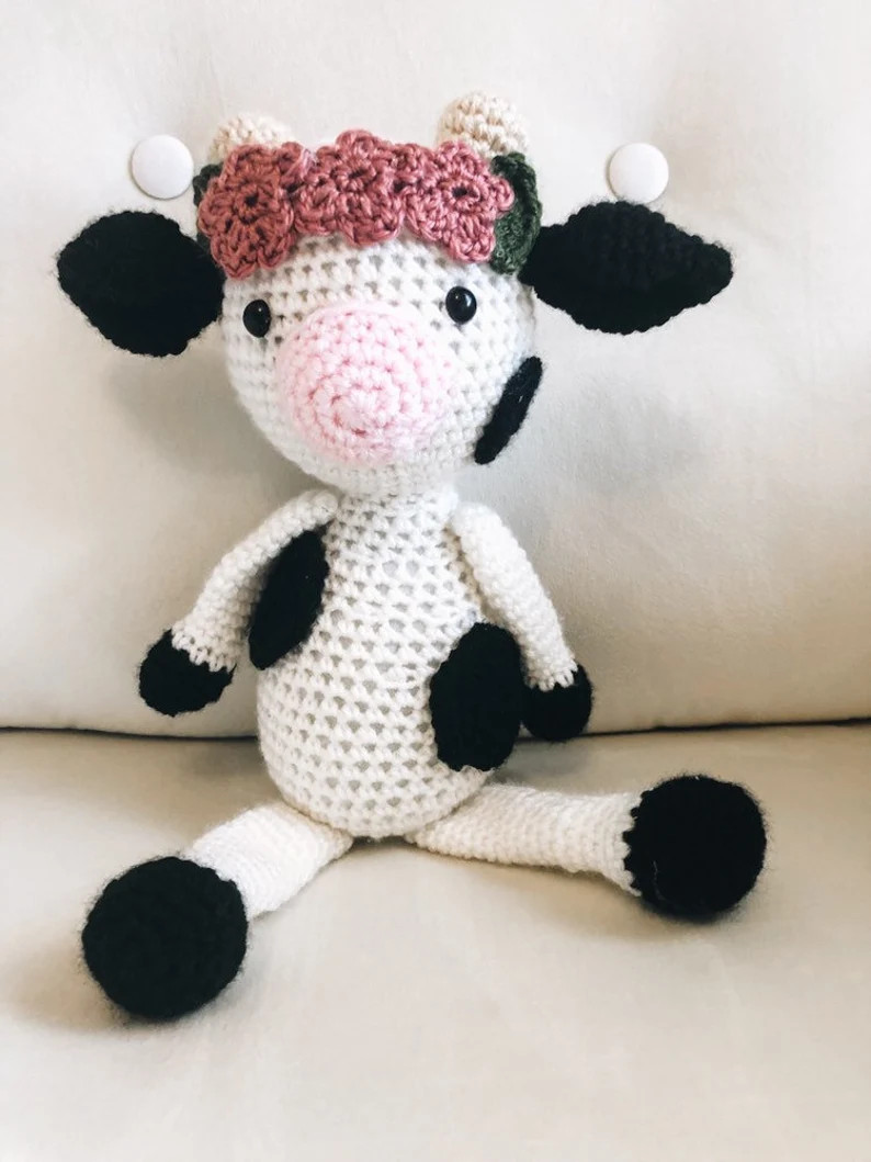 Crochet Stuffed Cow with Flower Crown | Baby Shower Cow Gift | Cow Gift for Farm Girl | Etsy (US)