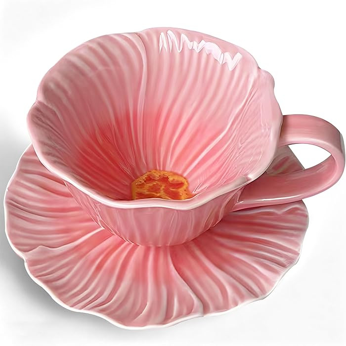 JUSONEY 10 oz Tea Cups and Saucers, Ceramic Flower-shaped Cappuccino Cup, Latte Cup and Saucer se... | Amazon (US)