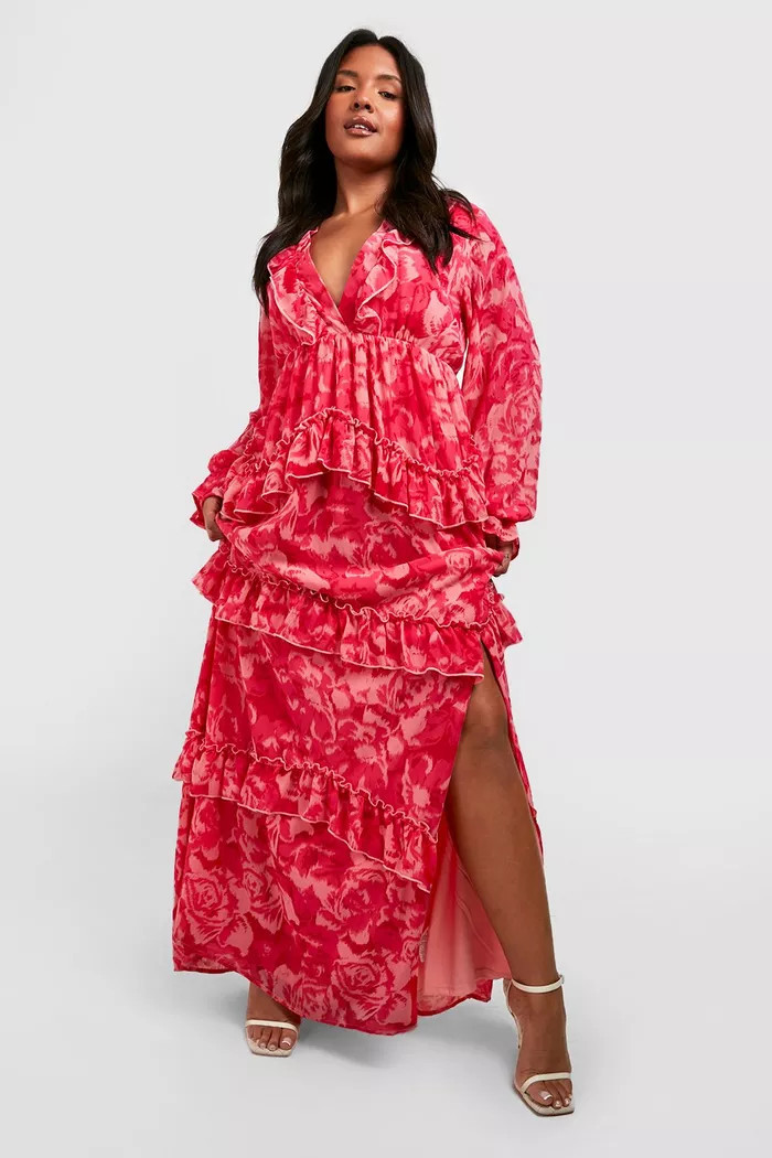 Plus Floral Frill Plunge Ruffle Maxi Dress | boohoo (US & Canada)