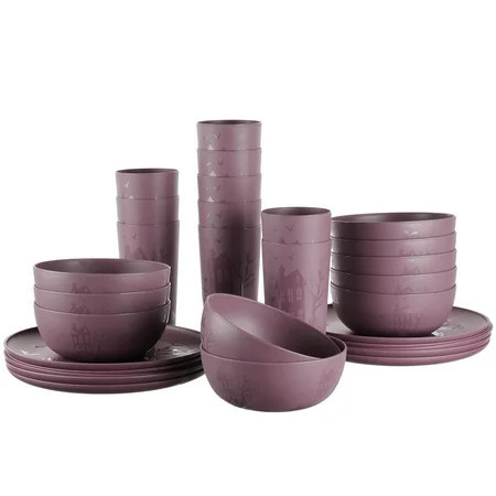 Mainstays 30-Piece Plastic Etched Haunted House Dinnerware Set, Purple | Walmart (US)