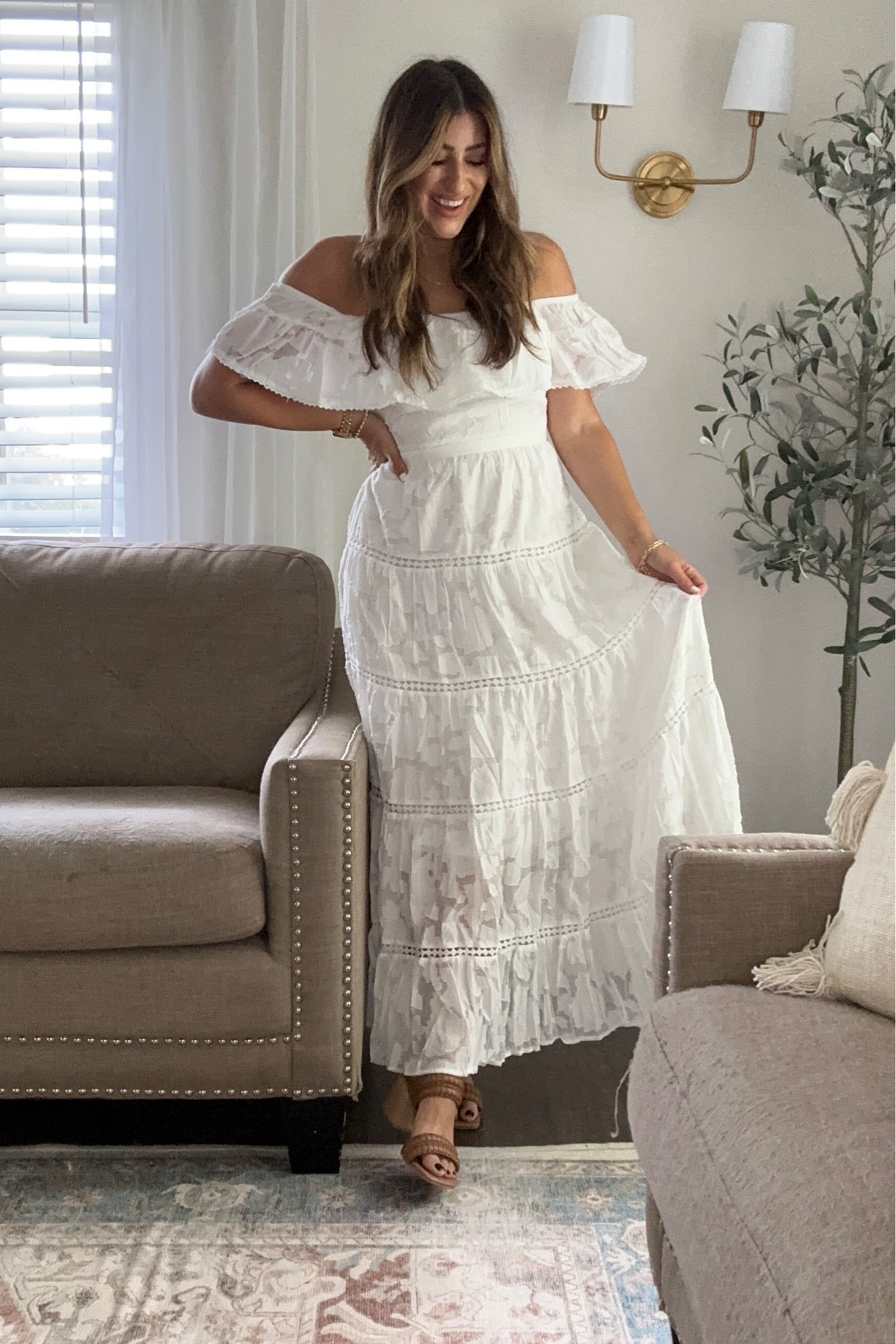 White off the shoulder dress. Use code LAUREN10 for 10% off site wide. Wearing a small for reference! 

Summer dress, white dress, off the shoulder, lace dress, crinkle dress 

#LTKSeasonal #LTKtravel