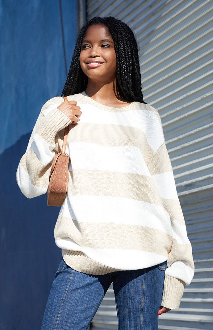 John Galt Women's Striped Brianna Sweater in White/Tan | PacSun