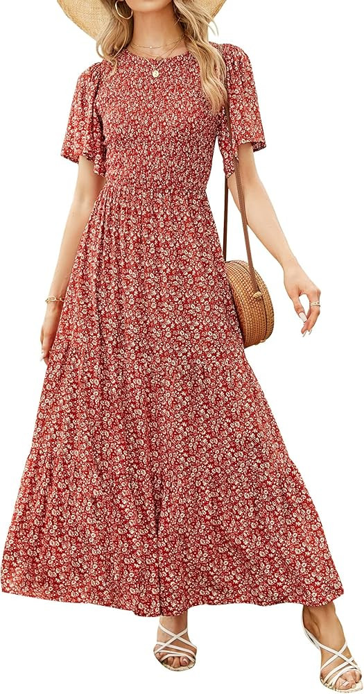 ZESICA Women's 2024 Summer Casual Floral Print Short Flutter Sleeve Crew Neck Smocked High Waist ... | Amazon (US)