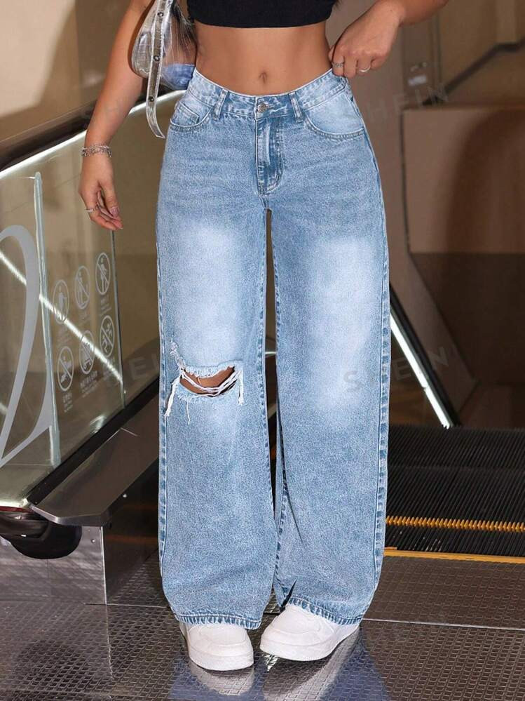 SHEIN ICON Women's Baggy Jeans With Pockets And Distressed Wash | SHEIN